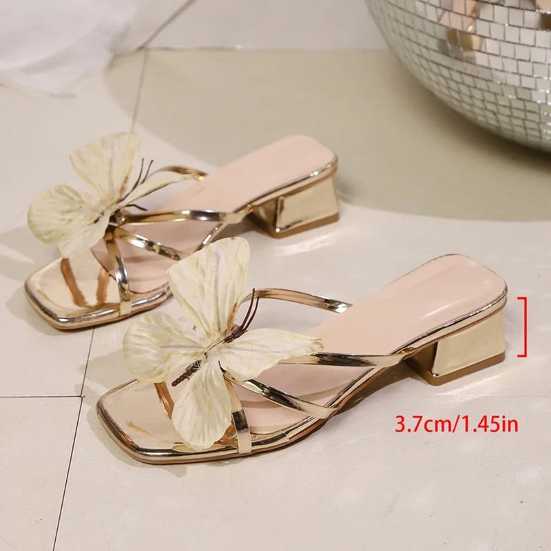 Design Butterfly Detor Sandals for Women Comfortable Slip On Mid-Heel Sandalias Woman Party Square Toe Gold Slippers Mujer