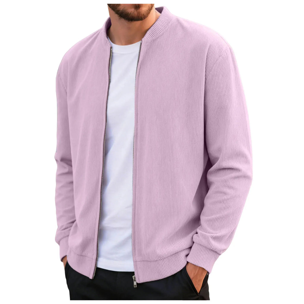 Corduroy Solid Color Men'S Casual Coat Round Neck Zipper Long Sleeve Outerwear Autumn/Winter Stylish Male Jacket Overcoat