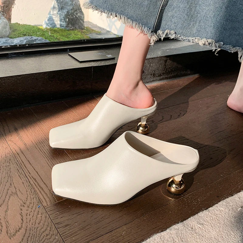 White Sheepskin Square Head Women's Slipper Baotou Textured Elegant Commuter Casual Simple Sense of Classic Wine Glass Heels New