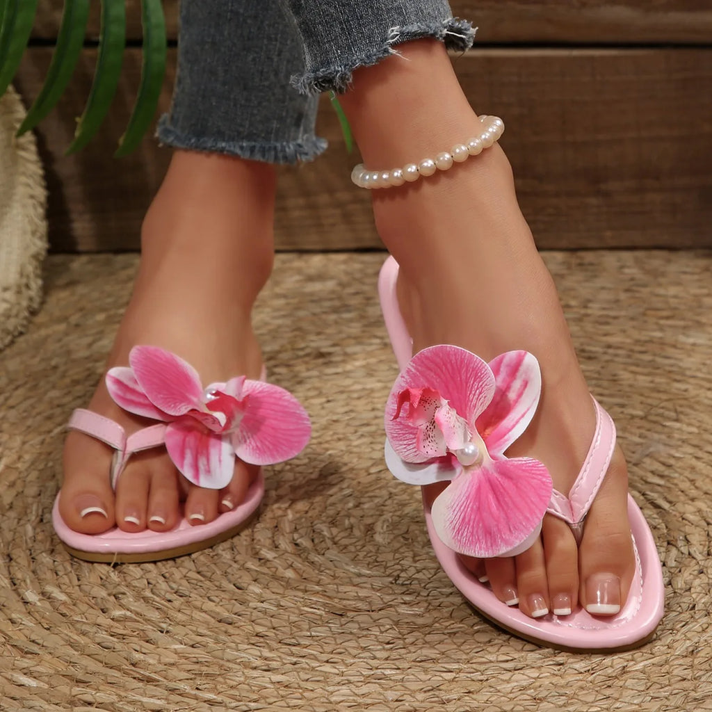 Women Slippers Comfort Non Slip Beach Flip Flops Clip Toe Flower Decor Summer Shoes for Women Fashion Flat Sandals Slides Women
