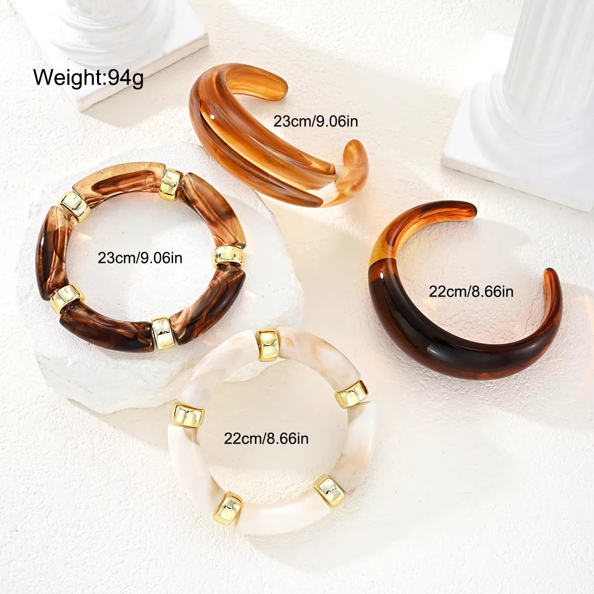 4pcs Vintage Stackable Resin Acrylic Bracelets for Women Bohemian Chunky Round Tube Beaded Elastic Bangle Bracelet Jewelry Gifts
