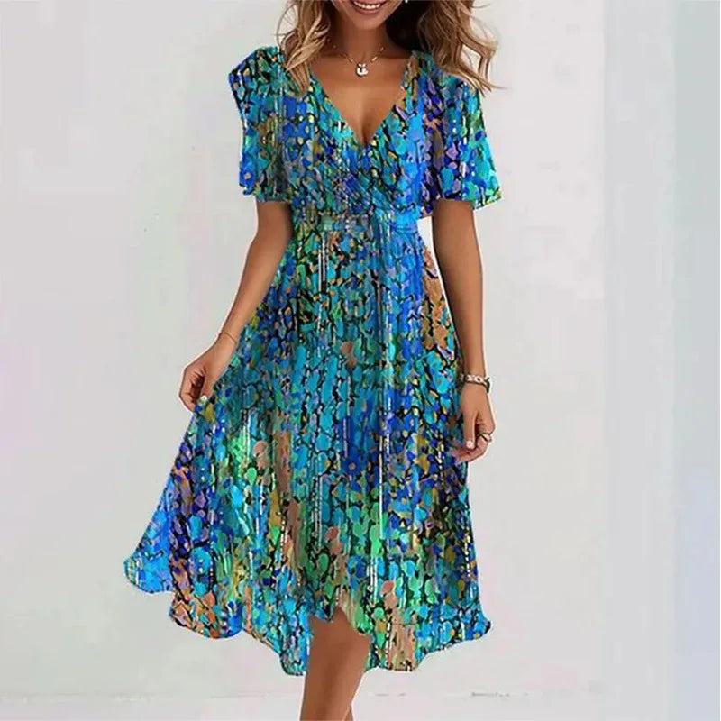 Elegant Floral Print Boho Party Dress Summer V Neck Short Sleeve Knee Length Vestidos BKLFZ-1616