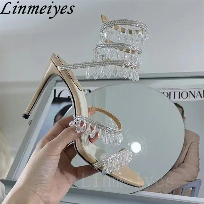 Summer High Heels Sandals Women Rhinestone String Bead Ankle Snake Twine Around Wedding Shoes Lady Gladiator Sandals Woman