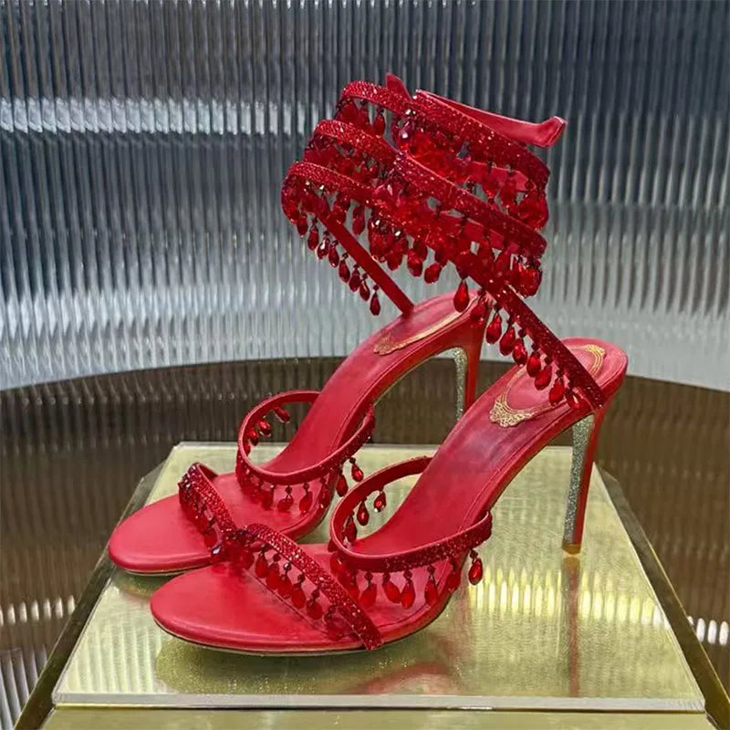Summer High Heels Sandals Women Rhinestone String Bead Ankle Snake Twine Around Wedding Shoes Lady Gladiator Sandals Woman