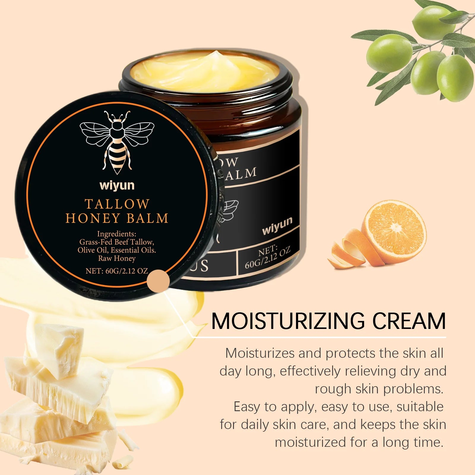 Hotfashionitems Tallow Honey Cream hydrating skin moisturizer for women, showing the creamy texture and natural ingredients.