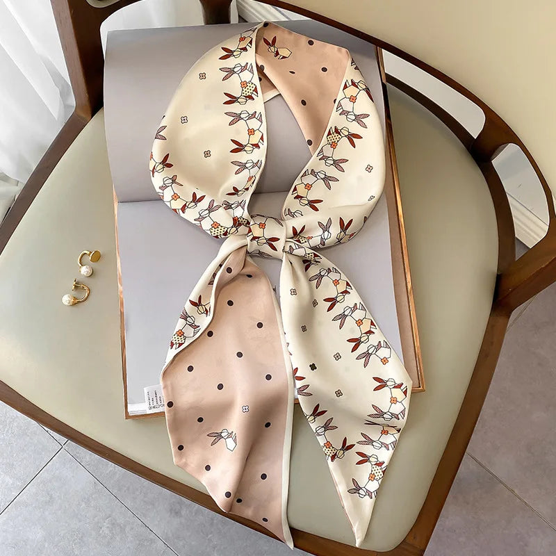 Fashion Blue Print Silk Scarf Women Soft Satin Horse Hairband Bevel Neckerchief Office Hijab Headband Foulard Bag Ribbons Gift