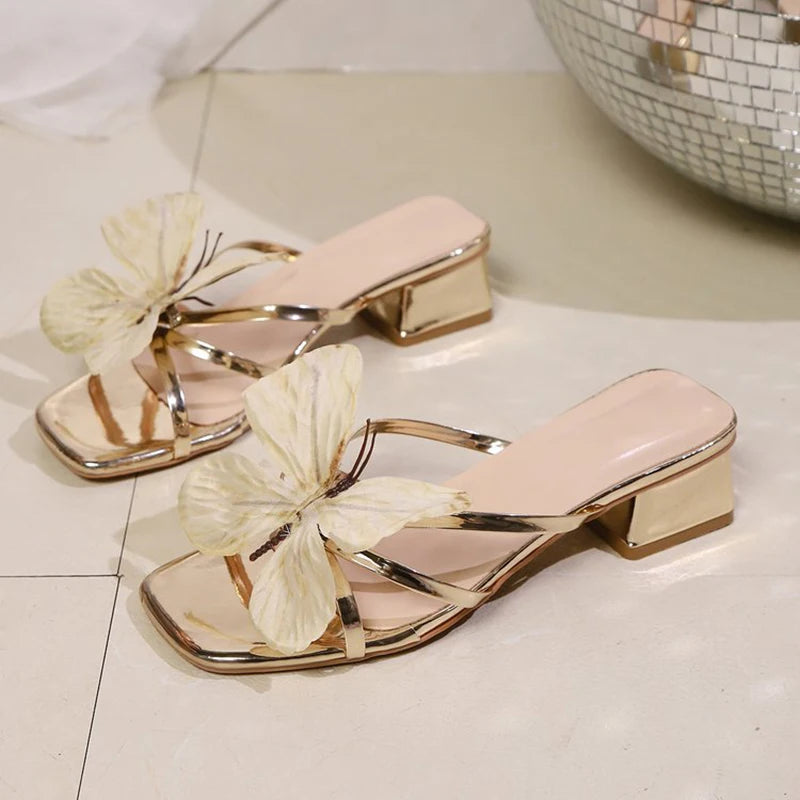 Design Butterfly Detor Sandals for Women Comfortable Slip On Mid-Heel Sandalias Woman Party Square Toe Gold Slippers Mujer