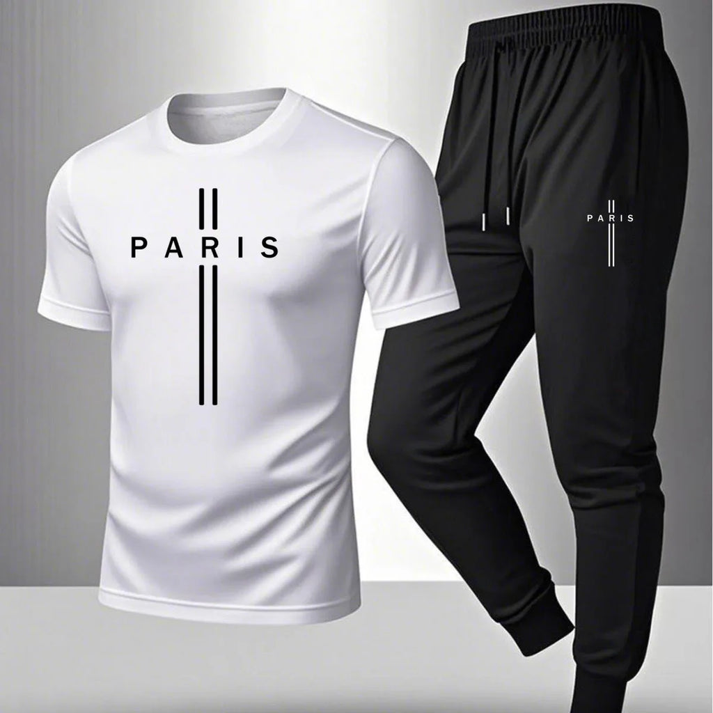 Men's casual sports outfit, printed round-neck short-sleeved T-shirt and long pants, suitable for outdoor wear.