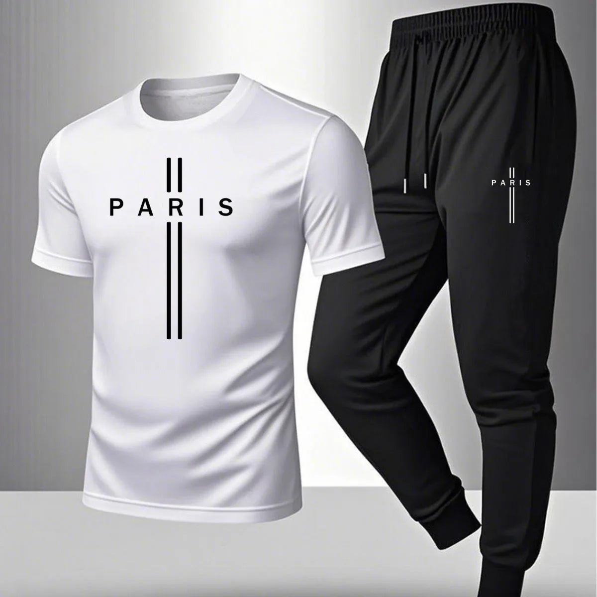 Men's casual sports outfit, printed round-neck short-sleeved T-shirt and long pants, suitable for outdoor wear.