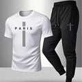 Men's casual sports outfit, printed round-neck short-sleeved T-shirt and long pants, suitable for outdoor wear.