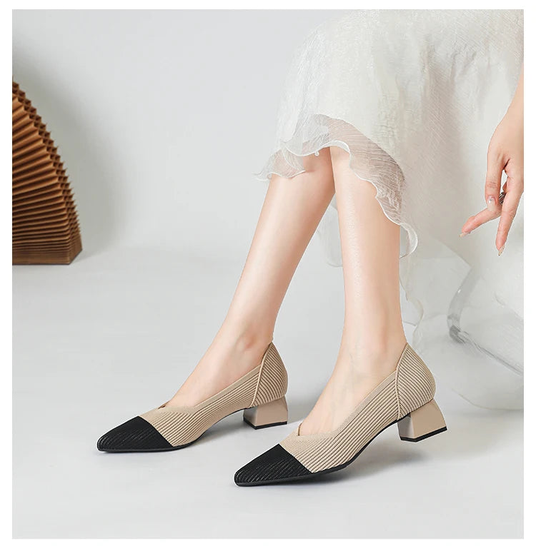 2026 New Women's High Heels Large 42/43 Fashion Pointed Anti slip Rubber Bottom Knitted Breathable Shoes