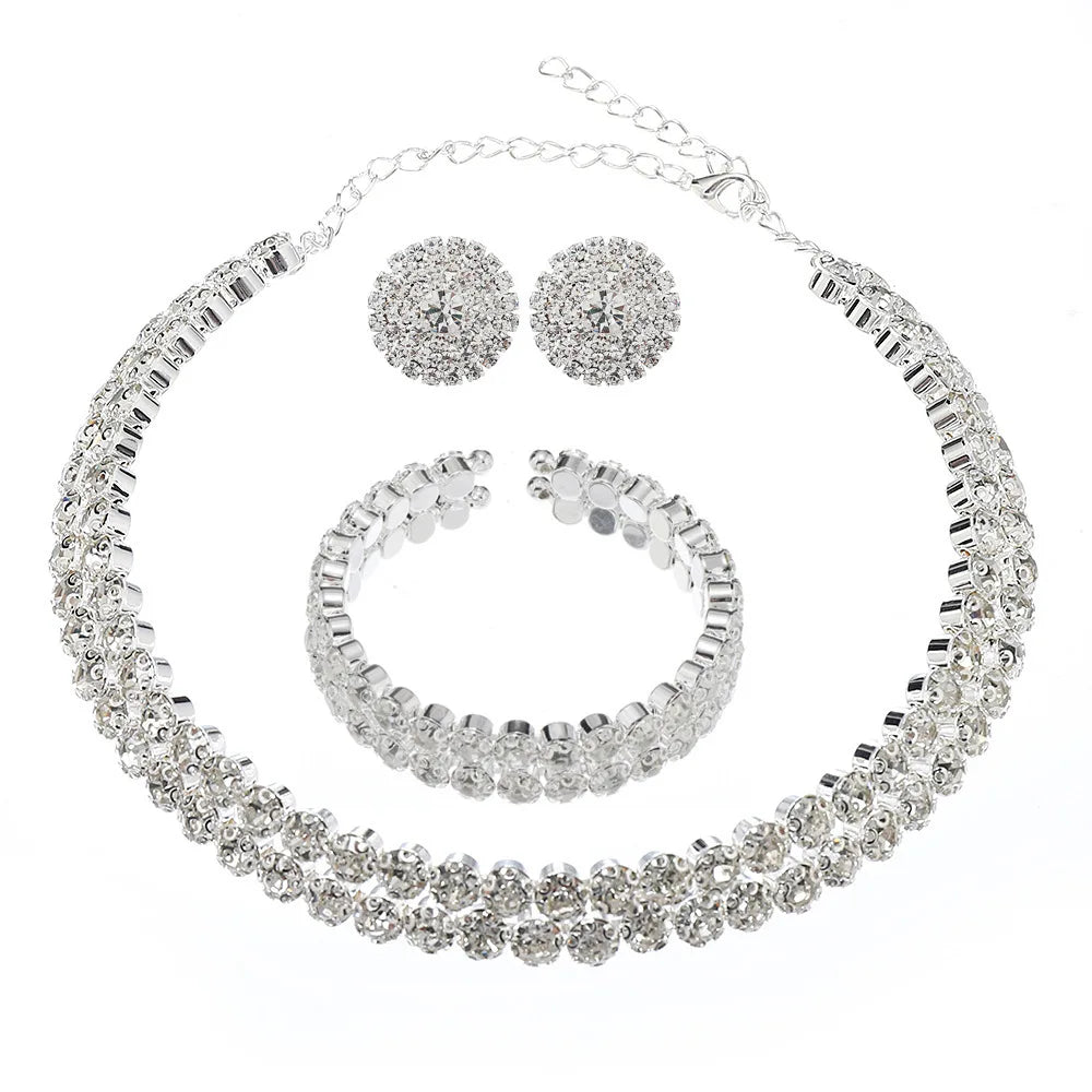 Light Luxury Double Layer Choker Necklace for Women Full Rhinestone Cuff Bracelet Stud Earring Braidal Wedding Party Jewelry Set