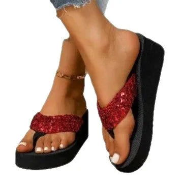 Summer Large Size Sequin Women's Sandals Open Toe Lightweight Outdoor Wear PU Upper Rubber Sole Comfortable Slip-On Shoes