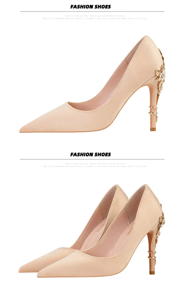 High End Metal Flower High Heels New European American Fashion Luxury Sexy Pointed Women's Shoes Banquet Party Casual Shoes