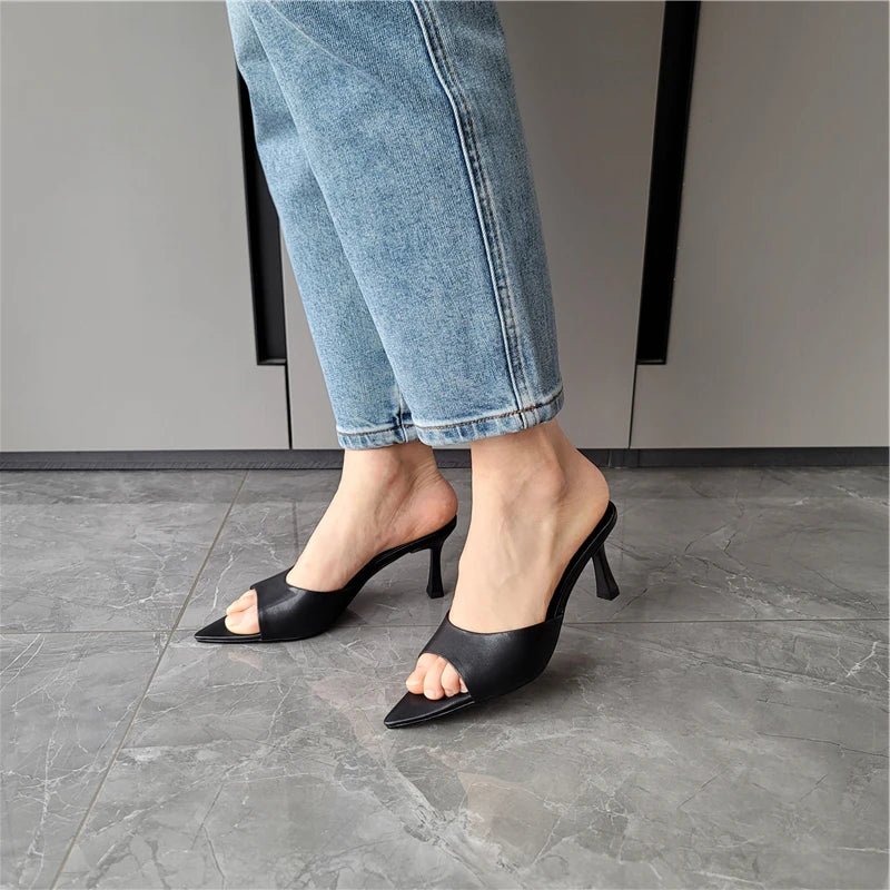 FEDONAS Ins Big Size Women Genuine Leather High Heels Sandals Sexy Pointed Toe Party Wedding Summer Shoes Prom Pumps