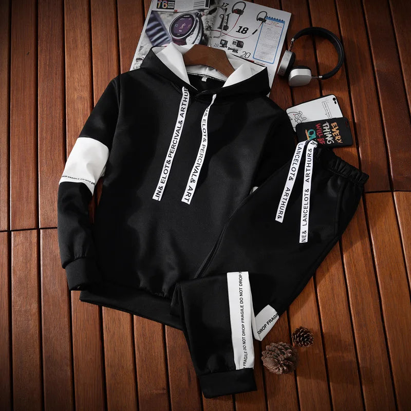 Autumn Unisex Korean Color Block Hooded Two Piece Tracksuit Letter Print Drawstring Hoodie Jogger Pants Loose Hip Hop Student Da