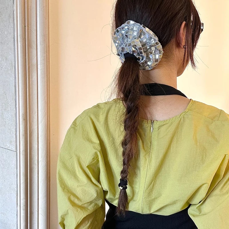 y2k Scrunchies Metal Silver Grid Medium Size Hair Tie Sweet Simple Elastic Hair Band Women Hair Accessories Daily Headwear
