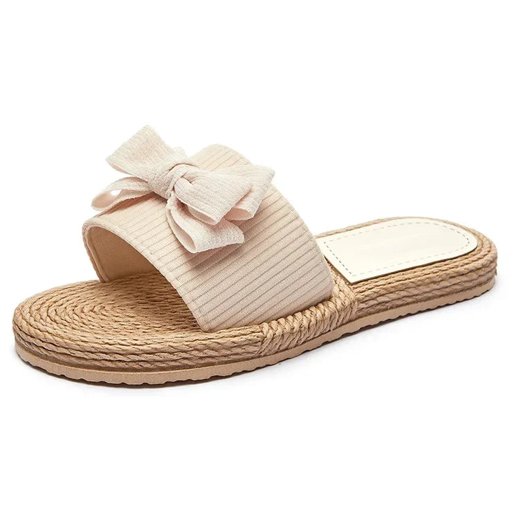 Female Summer Slippers Artificial Straw Sole Shoes Lady Summer Indoor Flat with Flip Flops Stitching Floral Women Slippers
