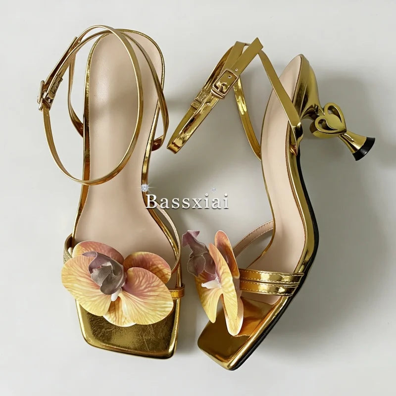 Vivid Orchid Flower Decor Modern Sandals Women Cross Strap Strange Heel Square Toe Party Shoes Summer