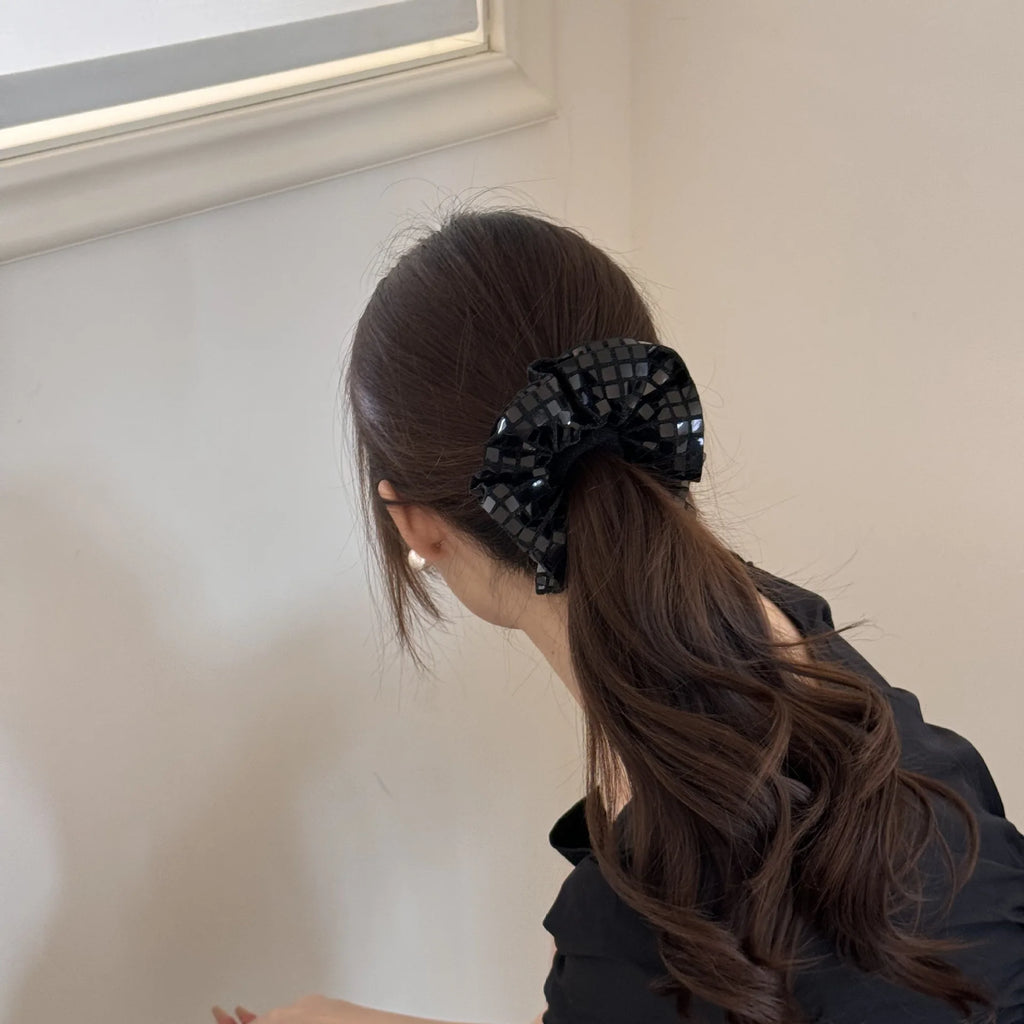 K-style Vintage Glitter Silver Scrunchies Sparkly Hair Ties for Women Chunky Sequin Ponytail Holder Party Elastic Hair Bands