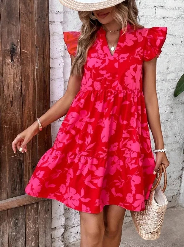Sweet Flower Print Women's Dress 2025 Summer New Lotus Leaf Sleeves V-Neck Loose Casual Fashion Beach Party Dress Boho Sundress