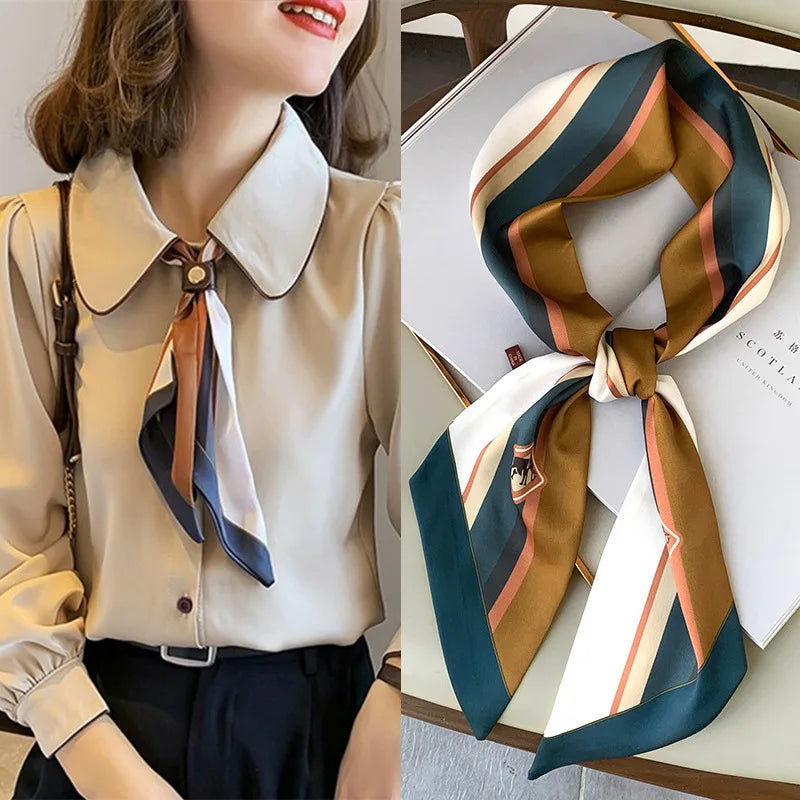 Fashion Blue Print Silk Scarf Women Soft Satin Horse Hairband Bevel Neckerchief Office Hijab Headband Foulard Bag Ribbons Gift