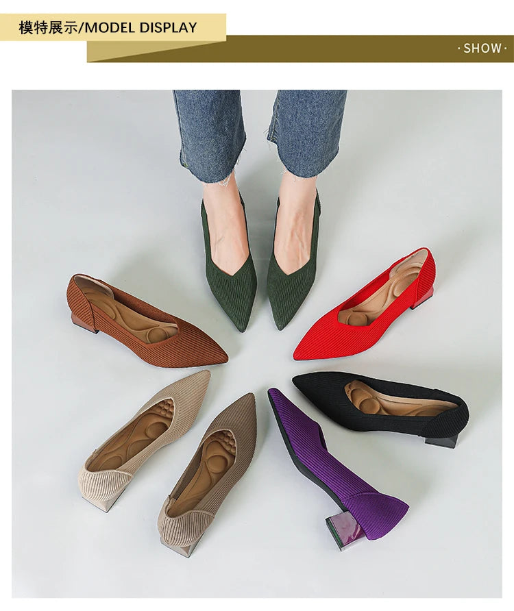 2026 New Women's High Heels Large 42/43 Fashion Pointed Anti slip Rubber Bottom Knitted Breathable Shoes