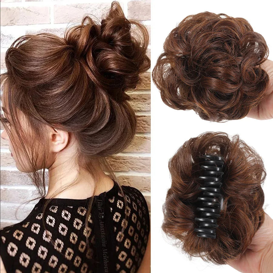 Synthetic messy hair clip bun short curly hair clip in a woman's ponytail hair extension bun wig