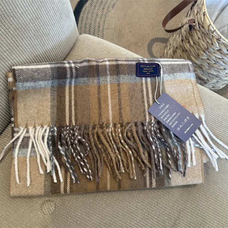 Faux Cashmere Plaid Scarf British Classic Style Light Luxury Unisex Warm Winter Autumn Neck Wrap for Couple