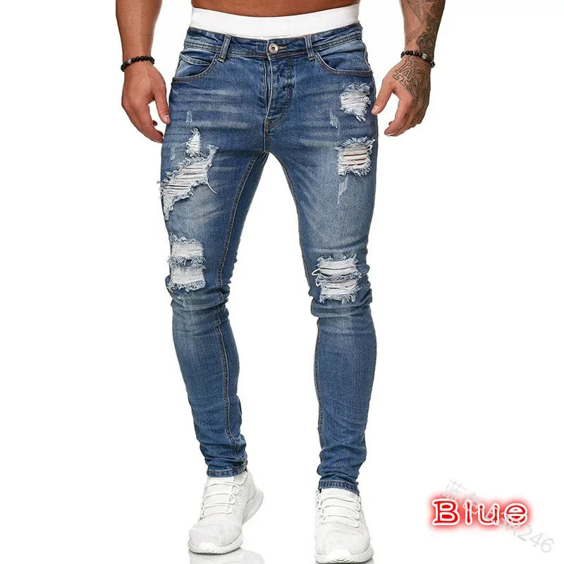Ripped Men Jeans Denim Pant Mid Waist Slim Fit  Vintage Denim Wash Punk Style Skinny Pencil Pants Distressed Holes Ankle Length