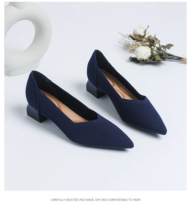 2026 New Women's High Heels Large 42/43 Fashion Pointed Anti slip Rubber Bottom Knitted Breathable Shoes