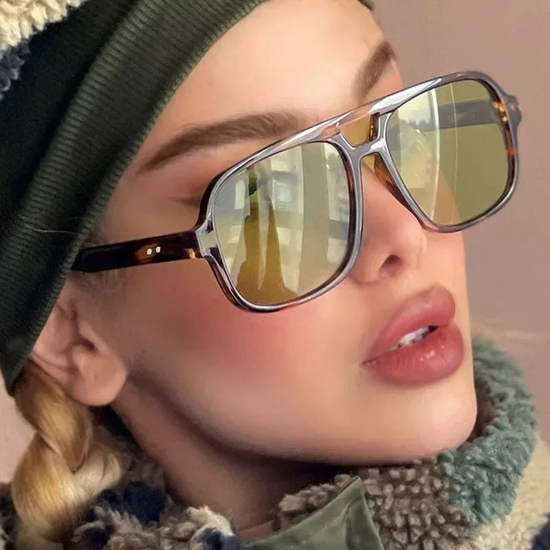 Vintage Double Bridge Square Pilot Sunglasses Women For Men Sun Glasses Punk Oversized Big Frame Luxury Brand Designer Shades