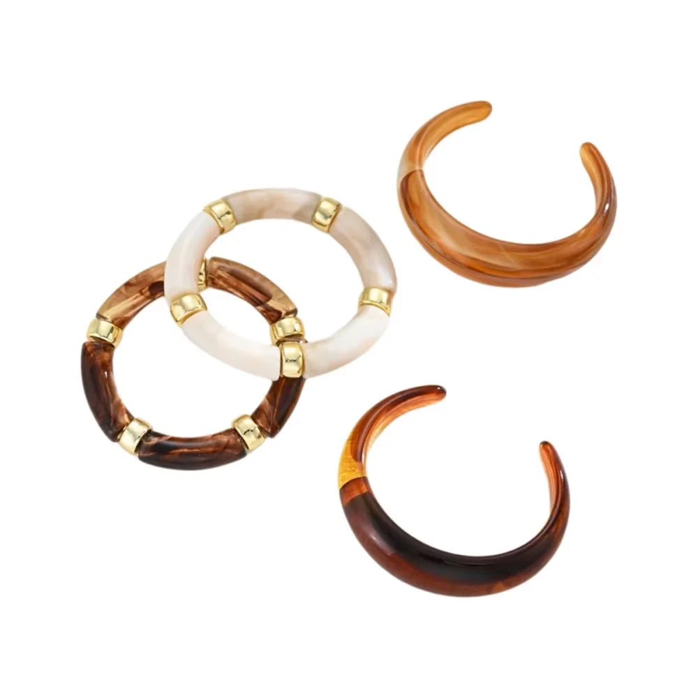 4pcs Vintage Stackable Resin Acrylic Bracelets for Women Bohemian Chunky Round Tube Beaded Elastic Bangle Bracelet Jewelry Gifts
