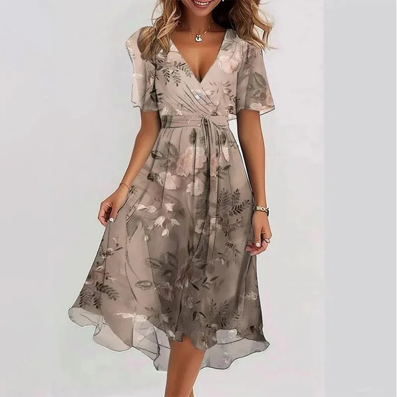 Elegant Floral Print Boho Party Dress Summer V Neck Short Sleeve Knee Length Vestidos BKLFZ-1616