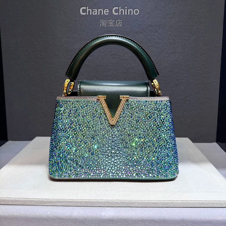High Luxury Genuine Leather Diamonds Tote Women's Handbags 2025 Small Evening Bag V Letter Rhinestone Shoulder Crossbody Bags
