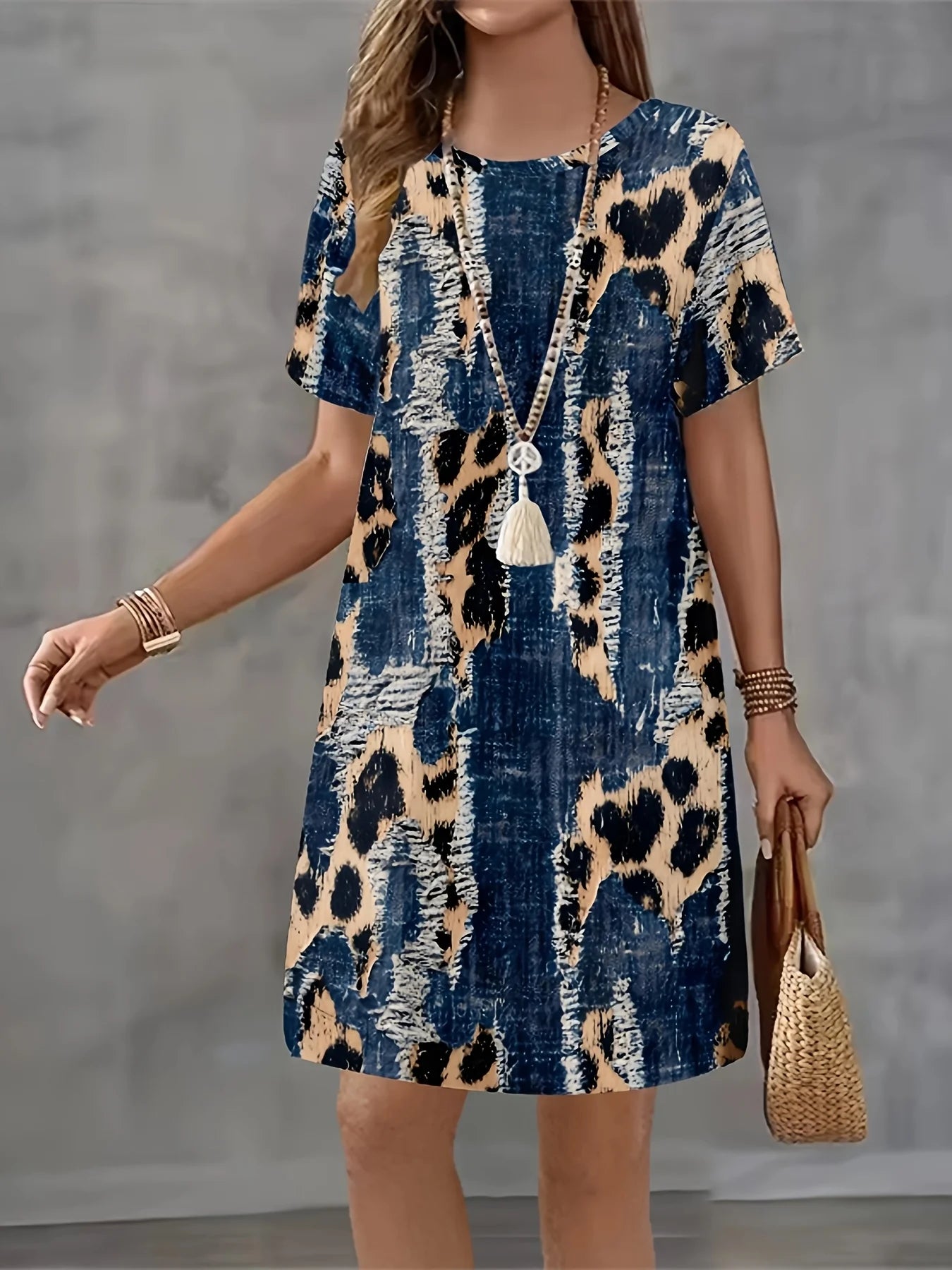 Women's Summer Short Seeved Round Neck Casual Mini Dress Vintage 3D Imitation Denim Printed Dress Elegant Women's Dress Vestidos