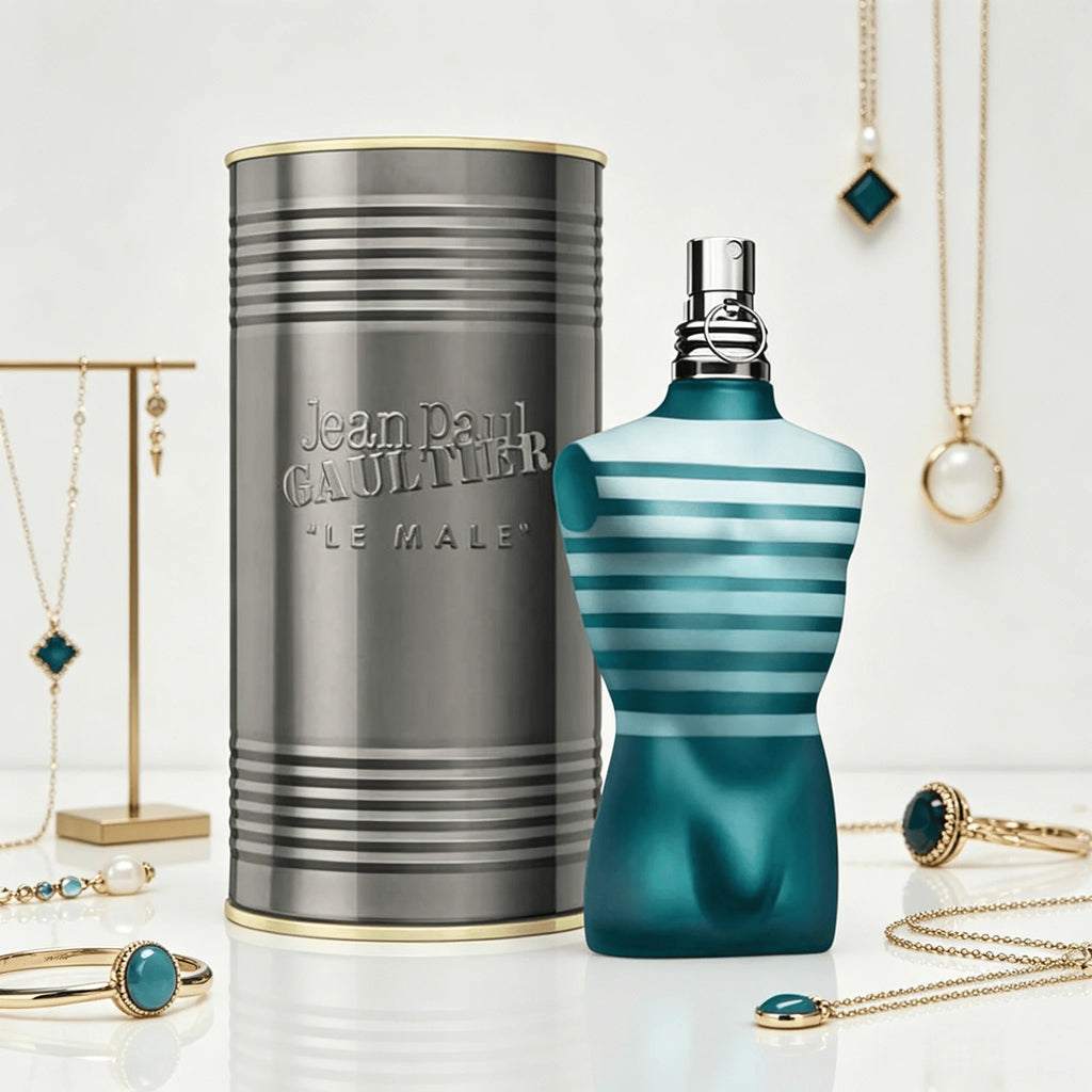 Jean Paul Gaultier Le Male Eau De Toilette 125ML With Original Silver Cylindrical Gift Box Long Lasting Fresh Mint Lavender Vanilla Woody Fragrance Men Perfume Matte Teal Striped Torso Bottle Silver Ring Cap Masculine Daily S