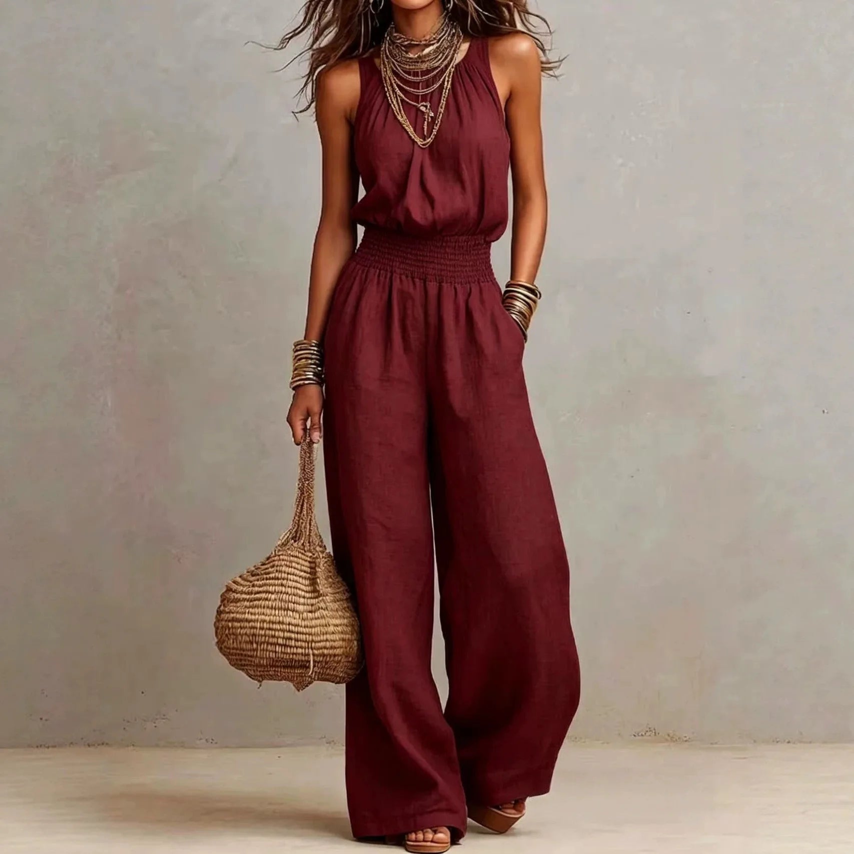 New Sleeveless Linen Backless Jumpsuit Women's Cross-Border Street Style Wide Leg Pants Long Trousers No Neck Label