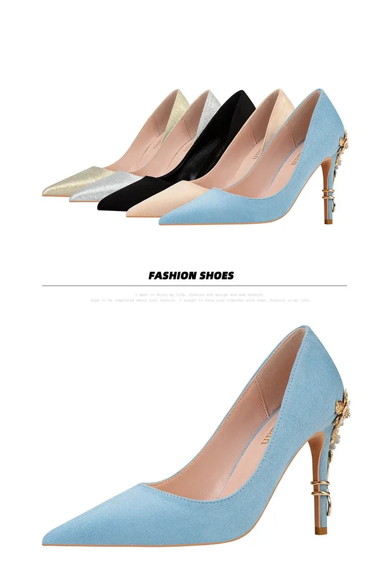 High End Metal Flower High Heels New European American Fashion Luxury Sexy Pointed Women's Shoes Banquet Party Casual Shoes