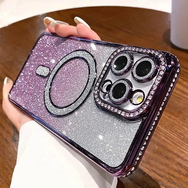 Plating Glitter Diamond Rhinestone Magnetic Wireless Charging Case for IPhone 17 Air 16 15 14 13 12 Pro Max Soft Silicone Cover