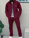 Men's Waffle Knit 2-Piece Tracksuit Button Down Jacket & Drawstring Pants Set Casual Streetwear Outfit with Chest Patch