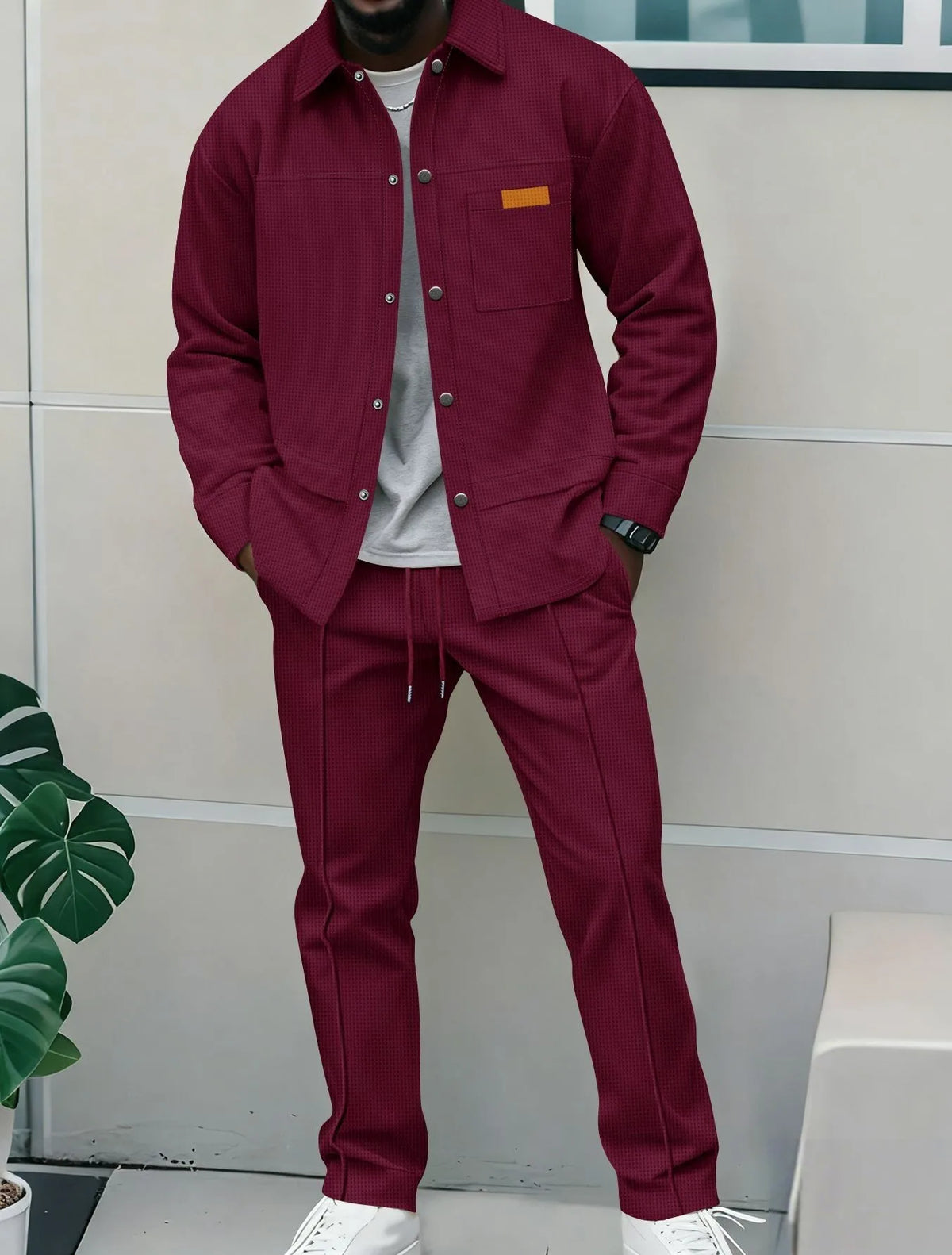Men's Waffle Knit 2-Piece Tracksuit Button Down Jacket & Drawstring Pants Set Casual Streetwear Outfit with Chest Patch
