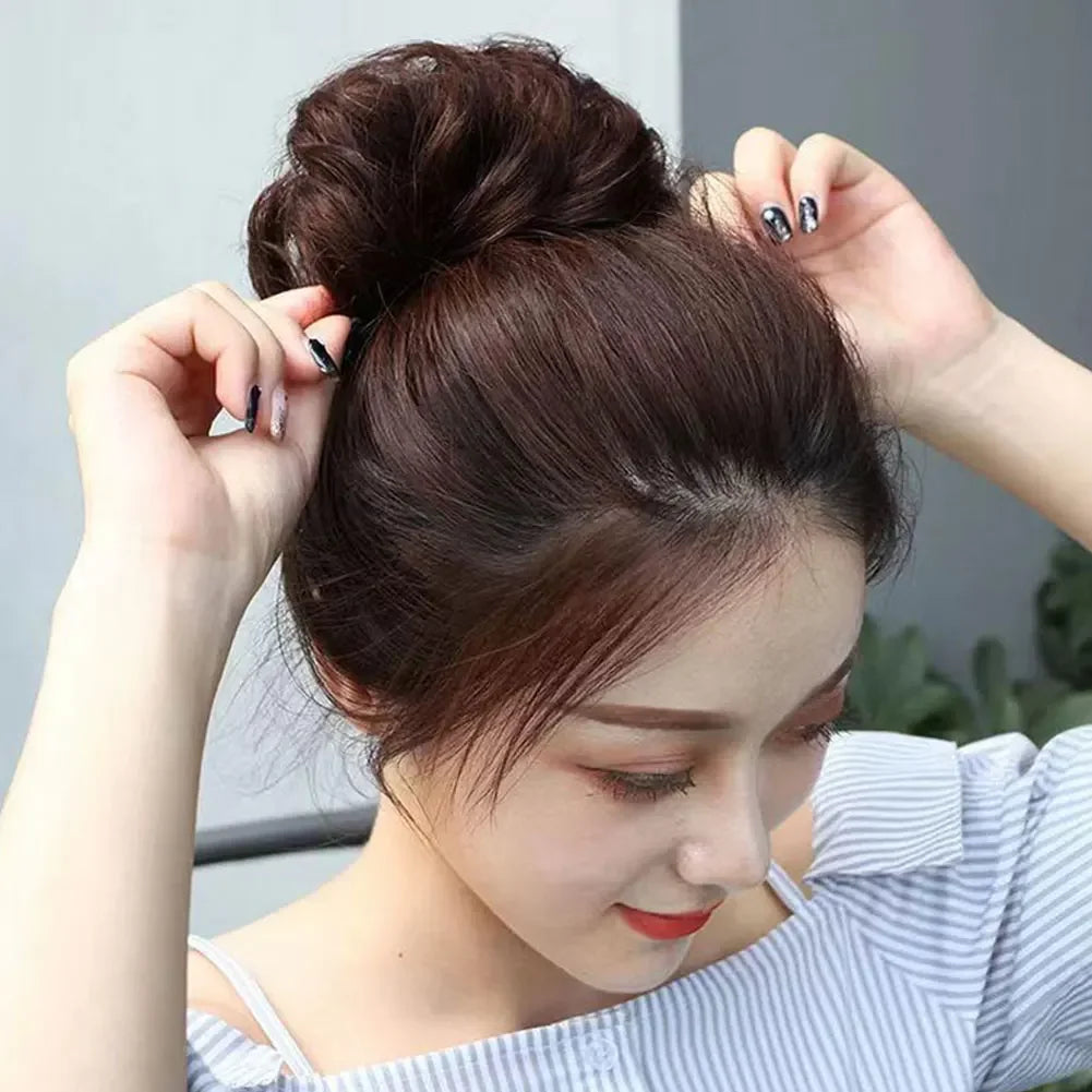 Girls Curly Scrunchie Chignon Band Brown Black Synthetic Hair Ring Wrap On Messy Bun Ponytails Straight Hair Tie