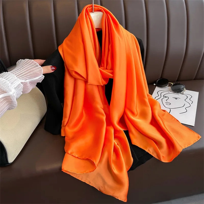 Plain Solid Basic Design 100% Silk Feeling Scarf for Women 180x90cm Shawl Wrap Luxury Female Hijab Headband Foulard Beach Stoles