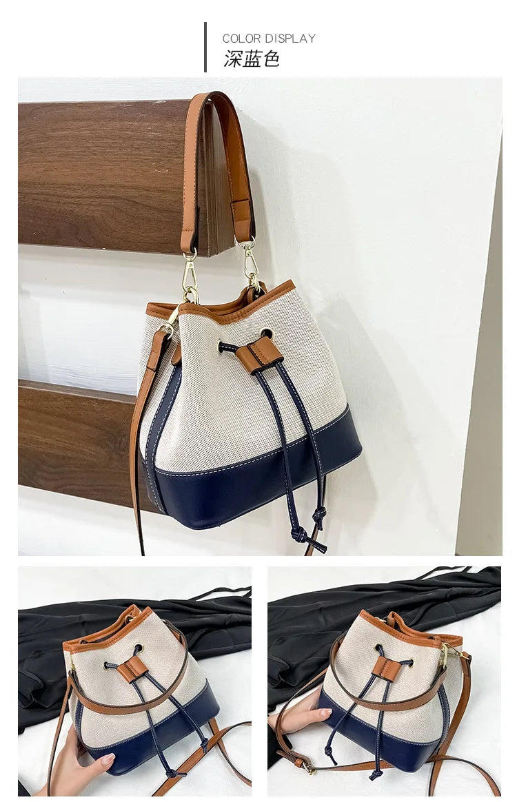 Canvas Bucket Bag Luxury Designer Handbags Women PU Shoulder Bag Fashion Crossbody Daily Commuting Tote Bag