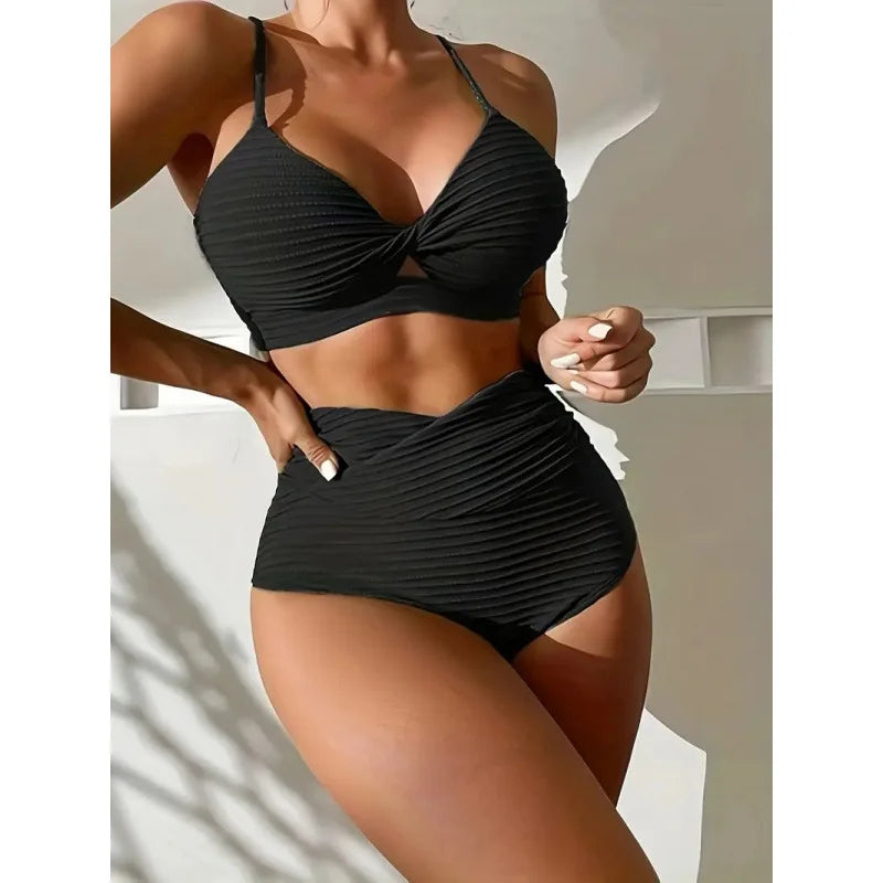 High-Waist Sexy Striped Bikini Swimsuit Women's Two-Piece Swimwear Thickened Polyester Fabric with Chest Pad No Steel Support