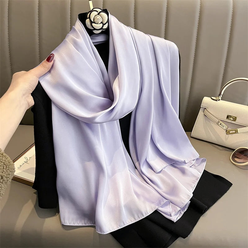 2024 Luxury Brand Silk Scarf for Women Large Shawl Wrap Headband Solid Design Hijab Beach Stoles Female Foulard Echarpe Bandana