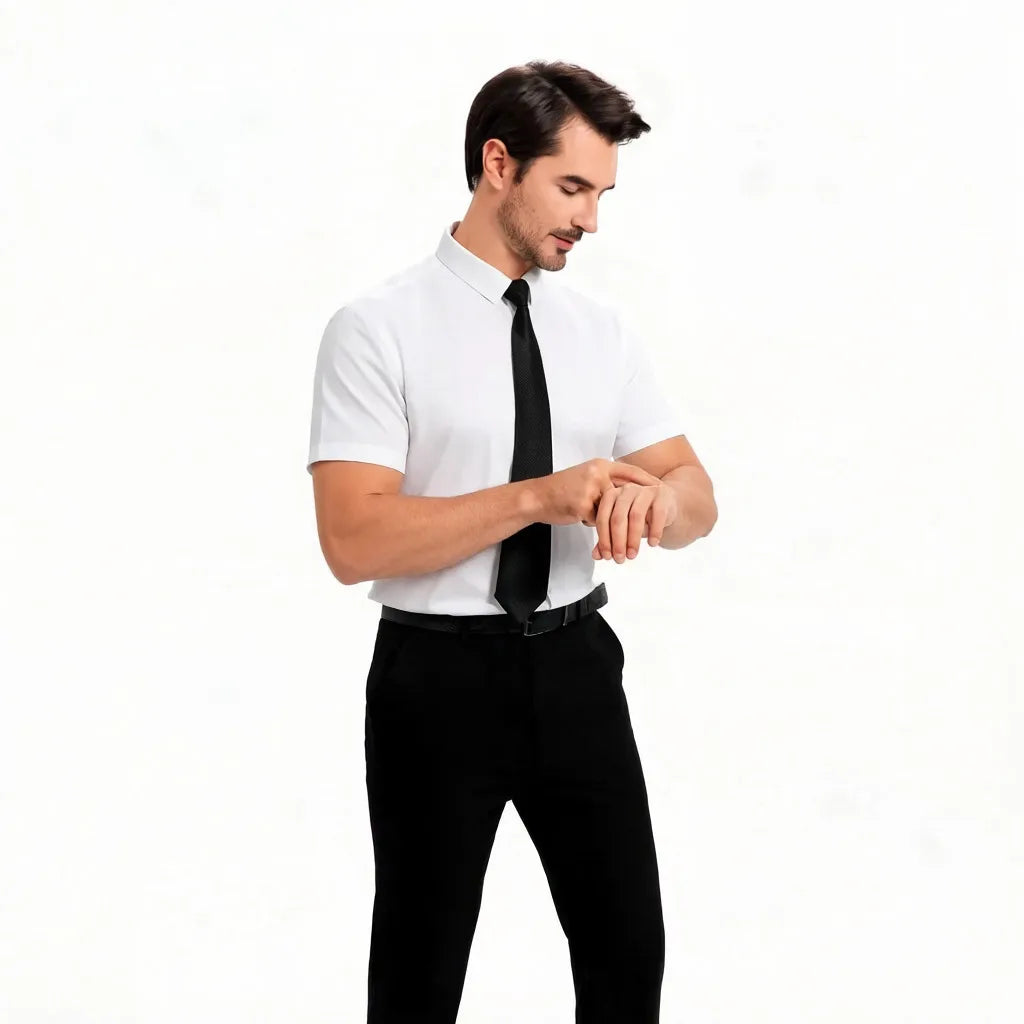 Men's Summer Business Shirt Short Sleeve Stretch Fabric Black Without Pocket Slim Fit Male Social Dress Shirt High Quality 5XL