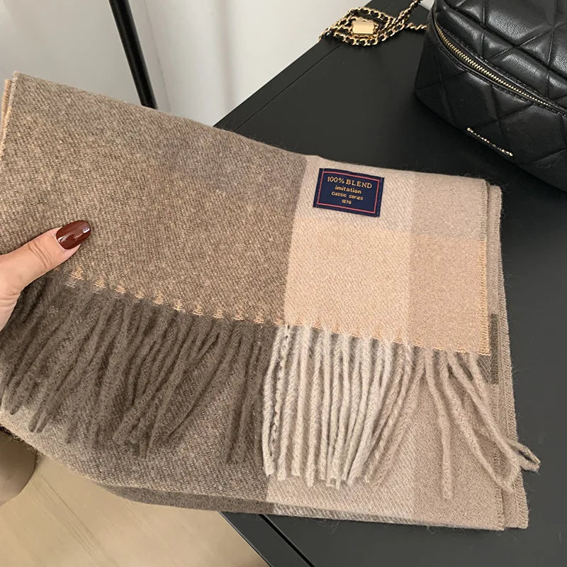 Faux Cashmere Plaid Scarf British Classic Style Light Luxury Unisex Warm Winter Autumn Neck Wrap for Couple