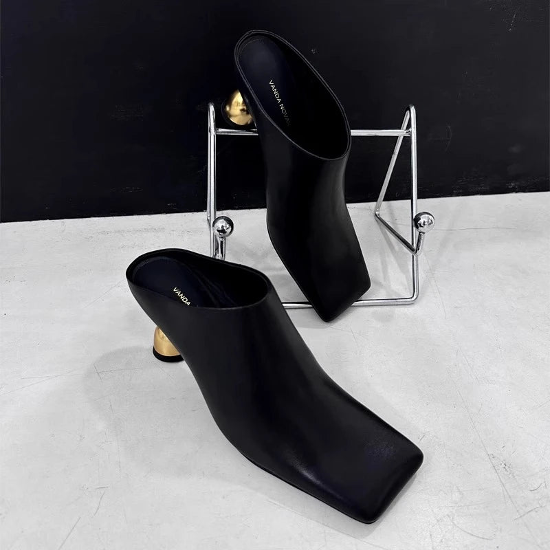 White Sheepskin Square Head Women's Slipper Baotou Textured Elegant Commuter Casual Simple Sense of Classic Wine Glass Heels New